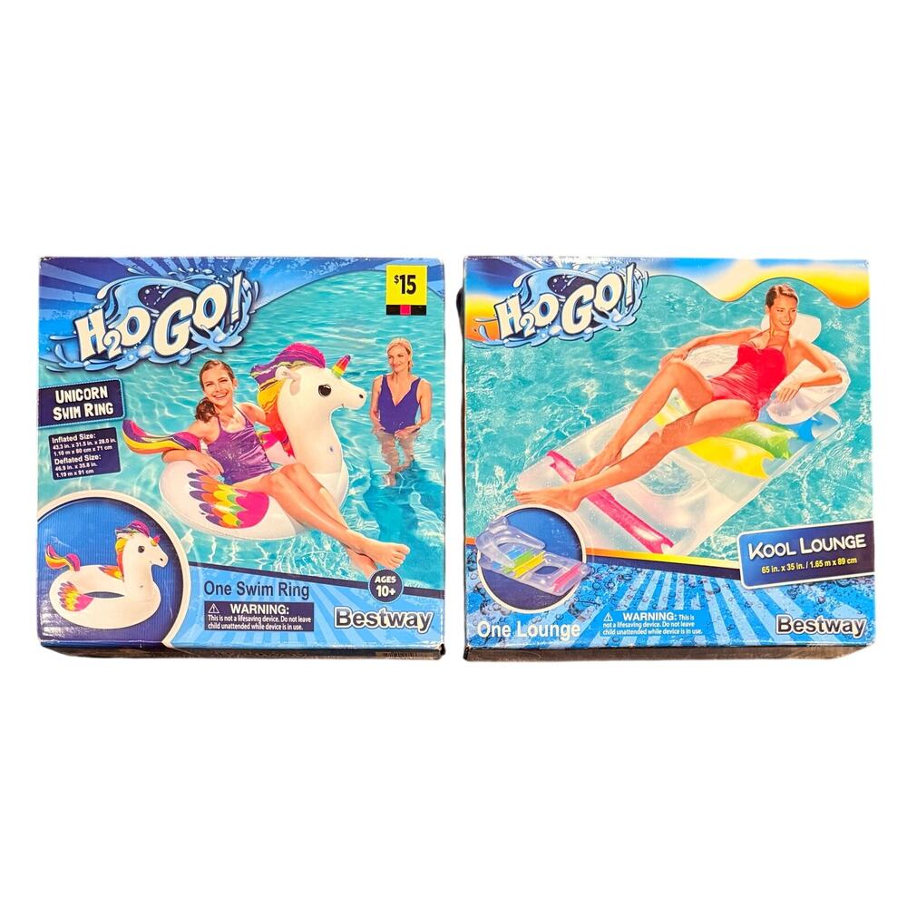 2 Pool Floats. One Kool Lounge & One Unicorn Swim Ring NIB 10+